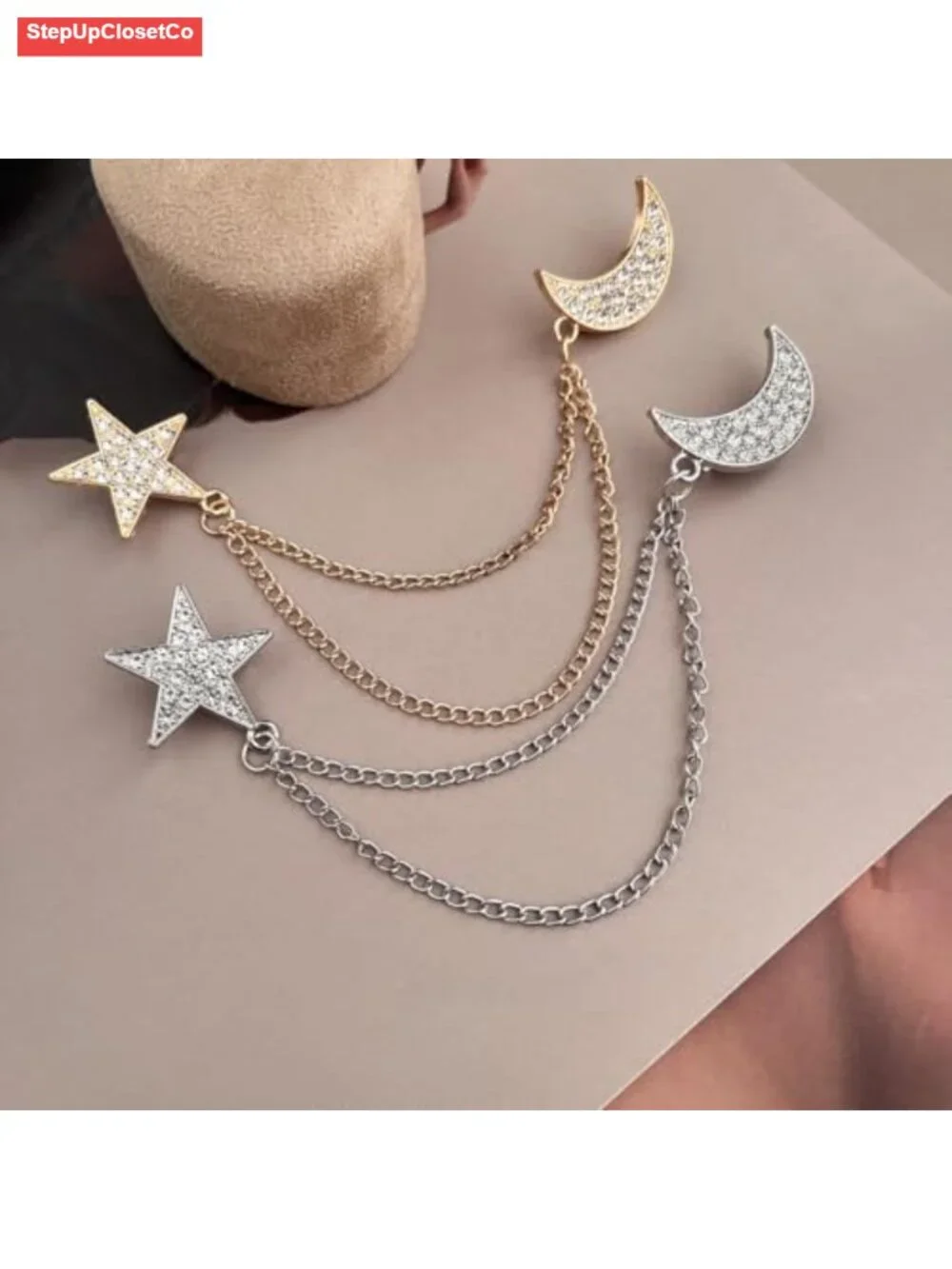 Rhinestone Moon Star Tassel Chain Brooch Lapel Pin CZ Elegant Suit Coat